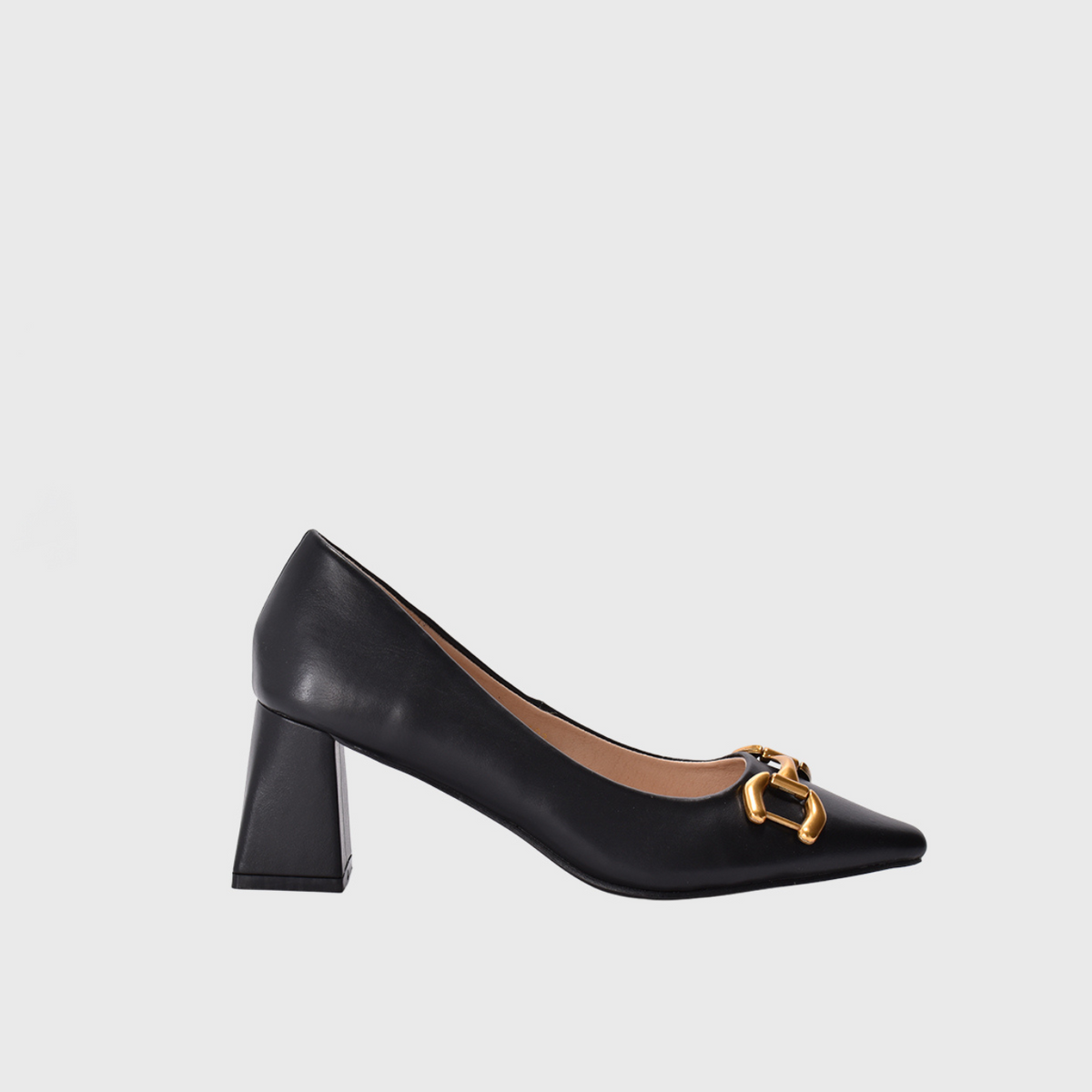 Pointed Black High Heels with Buckle Gold