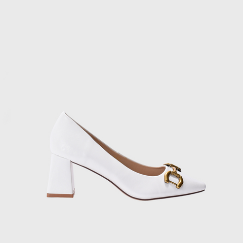 Pointed White High Heels with Buckle Gold